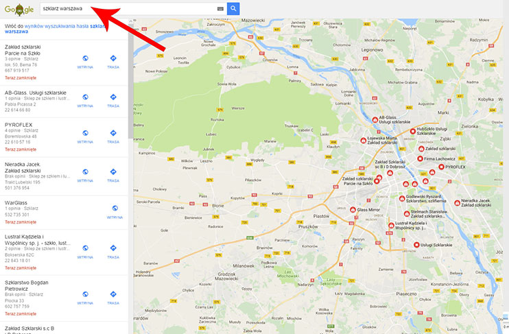 Fraza lokalna w Mapach Google - przykład