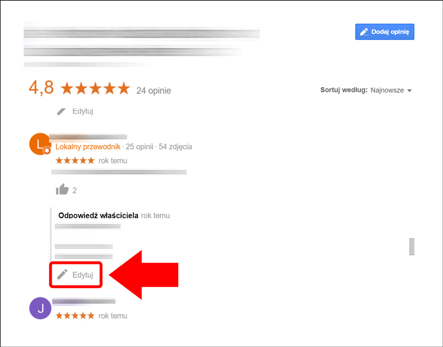 Edycja odpowiedzi na recenzje Google w panelu wiedzy - zrzut ekranowy